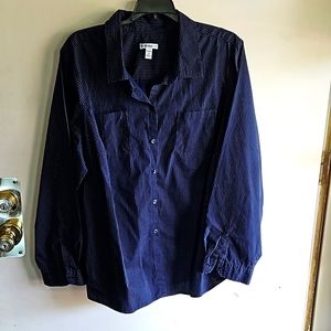 Croft Barrow Long Sleeve Button Up Shirt Women Sz 2x Navy Blue w Polka Dots